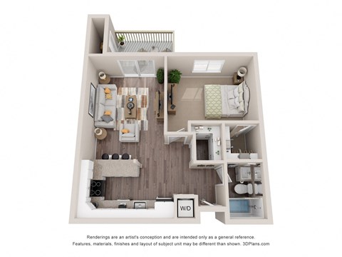 Floor plan for 1 bed, 1 bath, 625 sqft